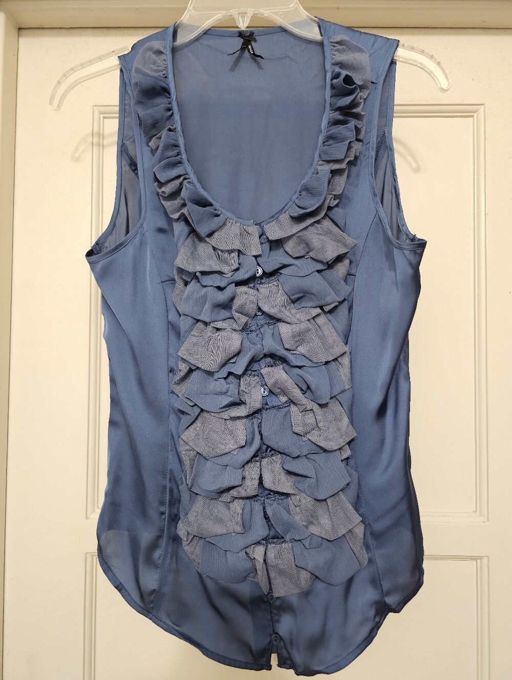 Lapis Blue Sleeveless Ruffle Front Blouse
